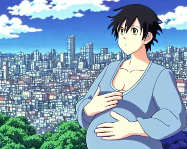 Image similar to Handsome anime man with big pregnant belly, city in the background, highly detailed, anime by Studio Ghibli, sharp