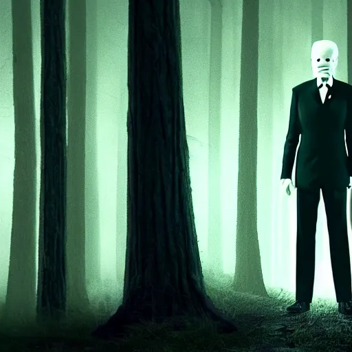 Image similar to joe biden as slenderman in forest, creepy joe biden, tall trees, night, creepy, horror, movie still, dark, haunted, cinematic lighting, ray tracing, octane render, long lens, shallow depth of field, bokeh, anamorphic lens flare, 8 k, hyper detailed, 3 5 mm film grain