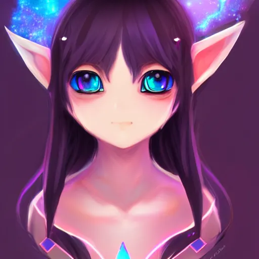 Image similar to adorable young cute anime elf girl, long black hair, detailed fantasy armor, smooth face. beautiful spark eyes. beautiful lineart. concept art adoptable, chromatic aberration, noise, soft lighting, srgb, 4 k, cinematic