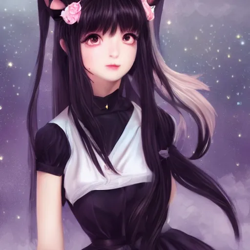 Image similar to realistic beautiful gorgeous natural cute fantasy girl black hair cute black cat ears in maid dress outfit beautiful eyes art drawn full HD 4K highest quality in artstyle by professional artists WLOP, Taejune Kim, JeonSeok Lee, ArtGerm, Ross draws, Zeronis, Chengwei Pan on Artstation