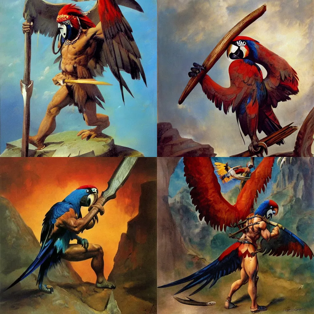 Prompt: Barbarian macaw holding a giant axe, stepping through a fantasy wall, frank frazetta painting, 8k