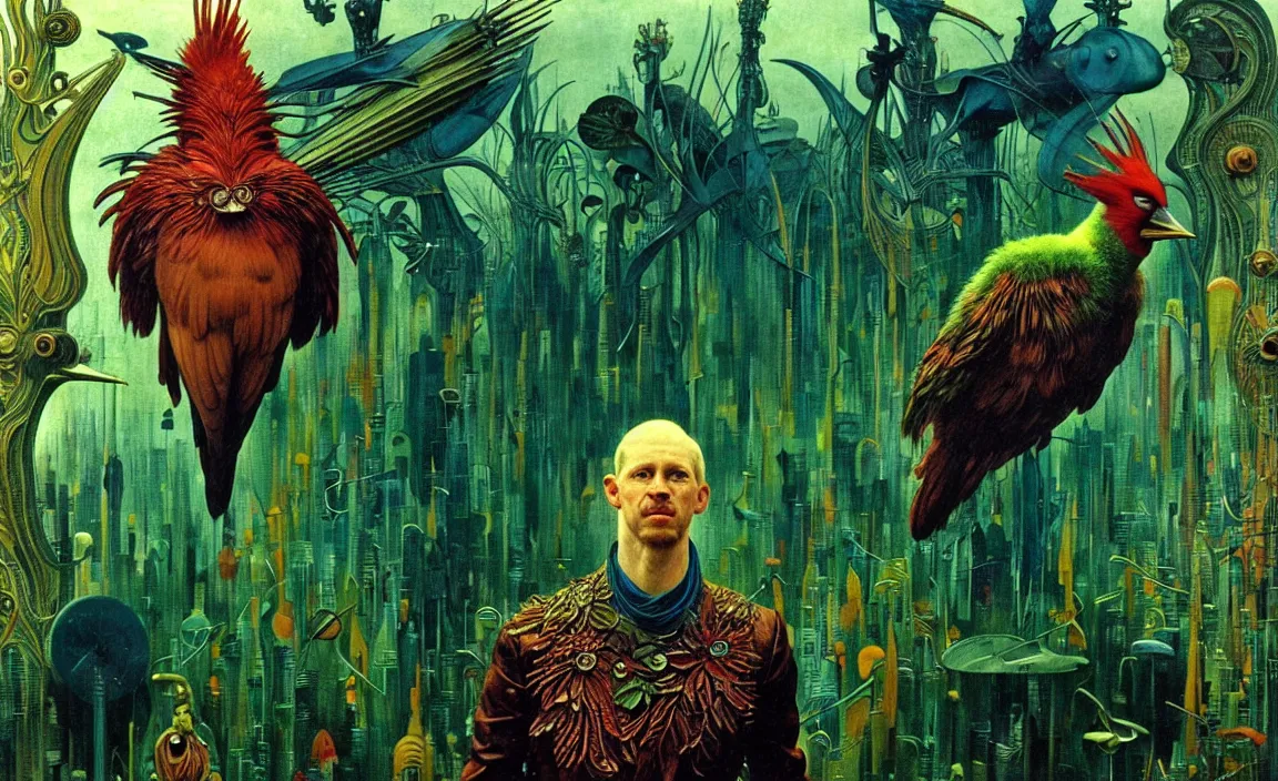 Image similar to realistic detailed portrait movie shot of a birdman wearing green leather coat, sci fi city landscape background by denis villeneuve, amano, yves tanguy, alphonse mucha, ernst haeckel, max ernst, roger dean, masterpiece, rich moody colours, blue eyes, occult