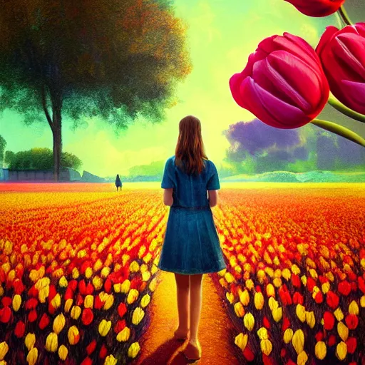 Image similar to large tulip as a face, girl walking in a flower field, surreal photography, sunrise dramatic light, impressionist painting, colorful clouds, digital painting, artstation, simon stalenhag, flower face