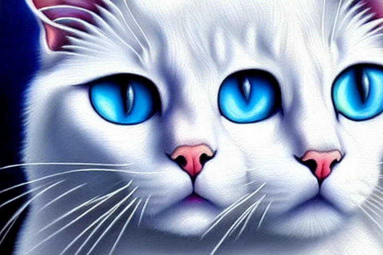 Image similar to an epic professional oil painting of a white cat with blue eyes, epic, stunning, gorgeous, intricate detail, much wow, 4K, masterpiece,