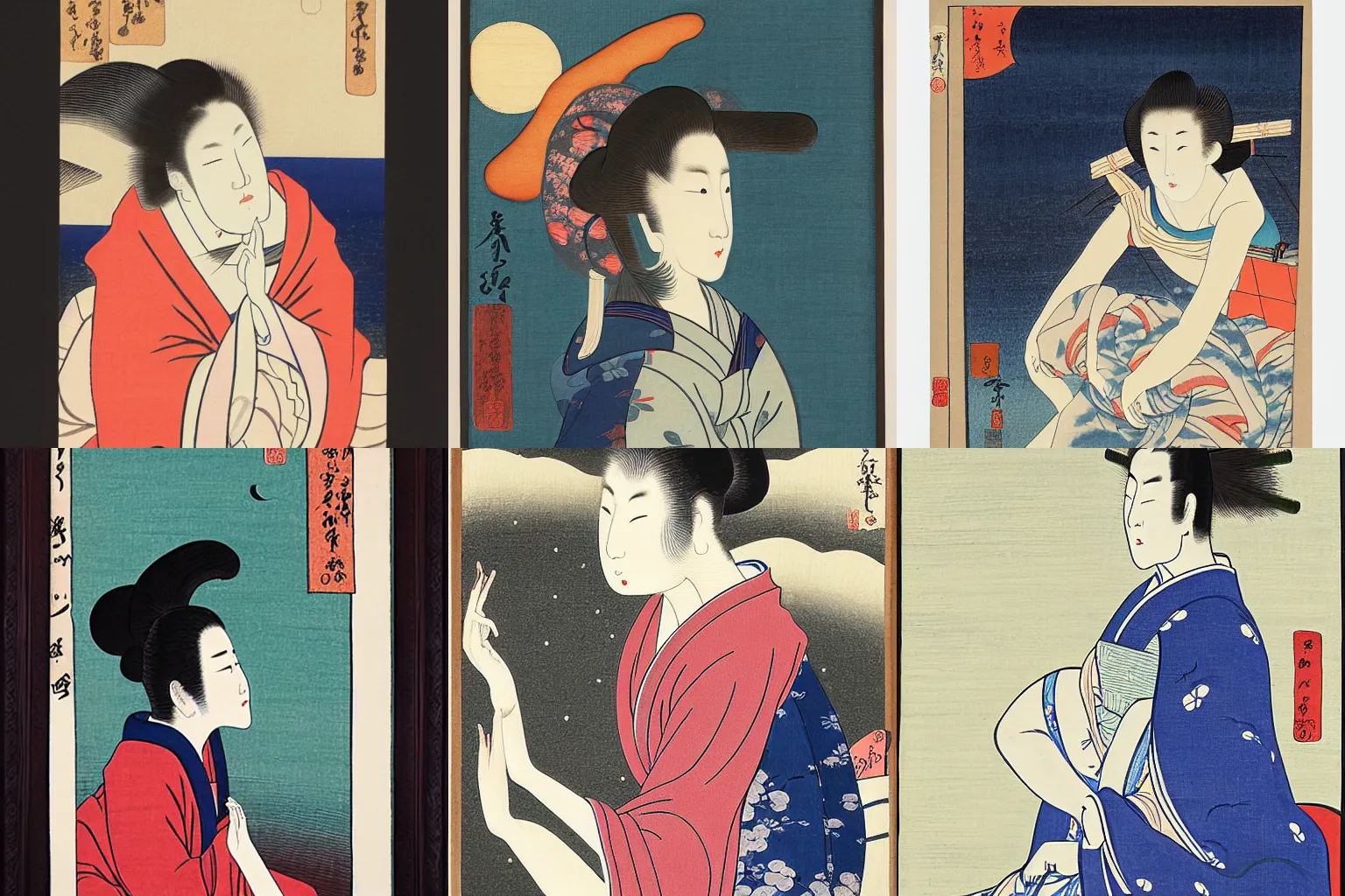 Prompt: Young woman gazing at moon, ukiyo-e style, tempera