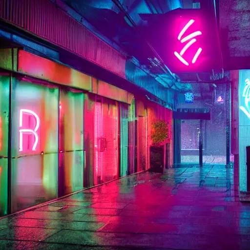 Image similar to a neon sign saying Quiet Night outside a cyberpunk nightclub, raining