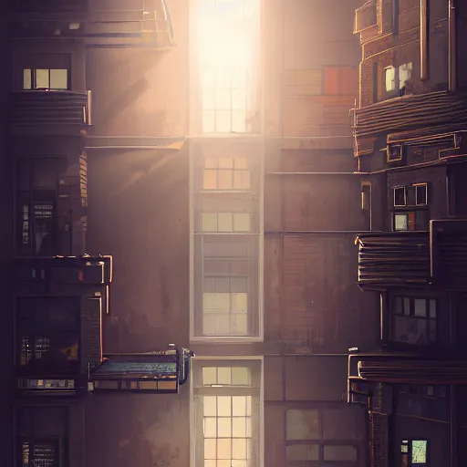 Image similar to One dilapidated building with only one window glowing. ArtStation, Cyberpunk, Vertical Symmetry, 8K, Highly Detailed, Intricate, Album Art.