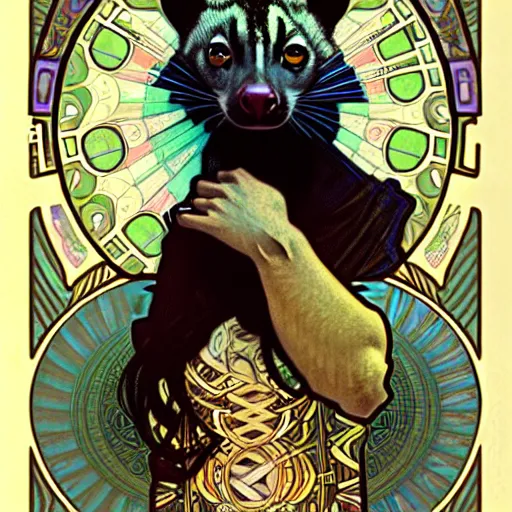 Prompt: An african civet by Alphonse Mucha, and Julie Dillon. Photorealistic. Art nouveau. Incredibly Beautiful.