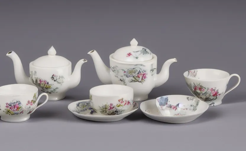 Prompt: Engalnd Porcelain tea set, 80mm, soft contrast, still life photo studio