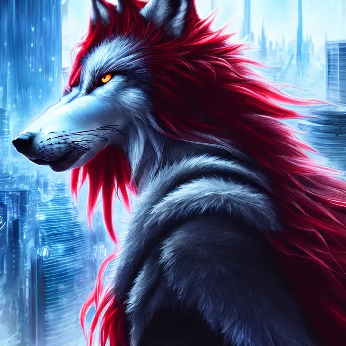 Prompt: portrait of male anthropomorphic dark gray anime wolf, long red hair, blue eyes, in a futuristic city, hyper detailed, digital art, trending on artstation, cinematic lighting, studio quality, smooth render, unreal engine 5 rendered, octane rendered, 1 : 1 aspect ratio