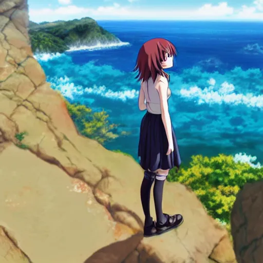 Image similar to An anime girl standing on a cliff, looking out at the ocean, Kyoto Animation Studio, hyper-realistic anime art style, contour shading