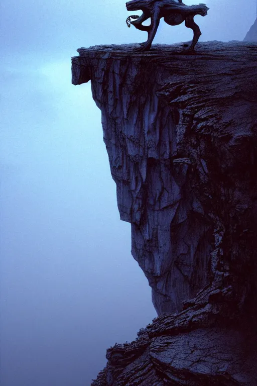 Prompt: emissary gargoyle standing of the edge of a cliff in the italian dolomites in the pouring rain during blue hour by arthur haas and bruce pennington and john schoenherr, cinematic matte painting, zaha hadid building, photo realism, dark moody color palate, blue hour stars, desolate glacial landscape,