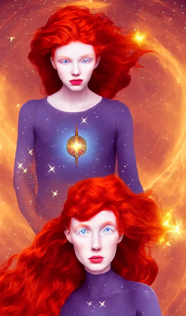 Image similar to tarot card of space astral girl, red hair, ginger hair, fantasy, glowing skin, smooth face, perfect eyes