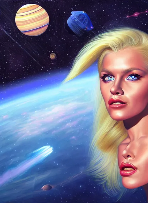 Image similar to portrait of a blonde alien plejaren woman inside a spaceship wearing a space uniform, beautiful face, hyper realistic, highly detailed digital painting by earl norem, artstation illustration co