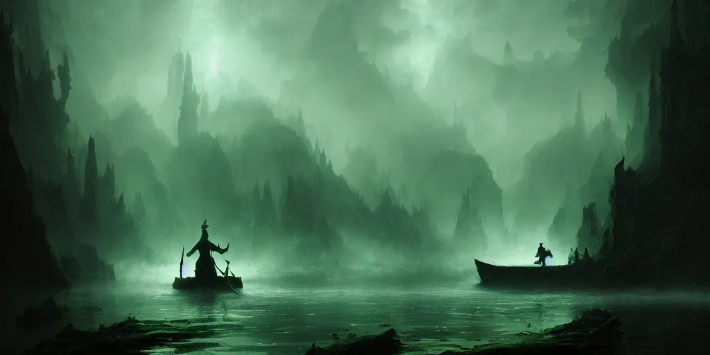 Image similar to magical subterranean river styx, a man in a cape on a boat with a sword, ethereal swirling green mist, dramatic lighting, magical atmosphere,, gothic illustration, greg rutkowski, andreas rocha, ashley wood, soft edges, low detail, trending on artstation