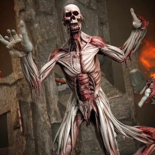 Image similar to lich, muscles and veins exposed, emaciated, necromancer, undead, octane render, 8 k, photorealistic hyperrealistic, insanely intricate