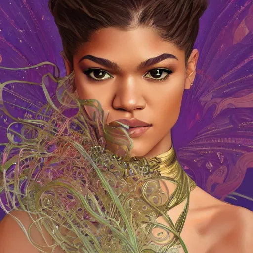 Image similar to A full portrait of Zendaya, intricate, elegant, highly detailed, digital painting, artstation, concept art, smooth, sharp focus, illustration, art by bouguerea and alphonse mucha