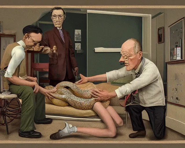 Prompt: the famous snake oil salesman Uncle Aloysius curing a patient of the just'd, painting by Grant Wood, 3D rendering by Beeple, sketch by R. Crumb