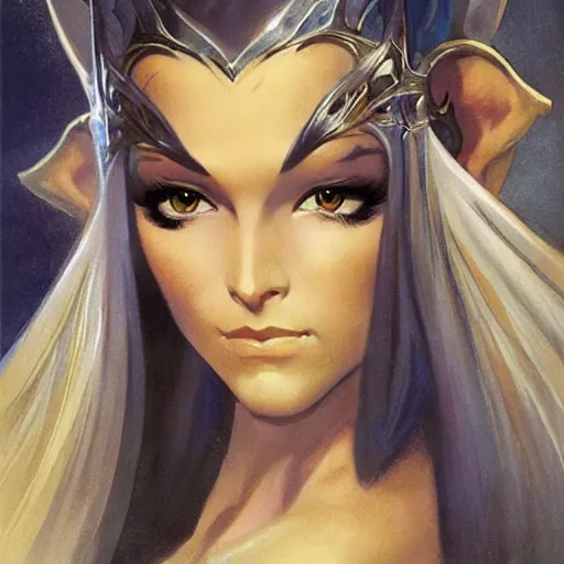 Image similar to elven princess character portrait by frank frazetta, fantasy, dungeons & dragons, sharp focus, beautiful, artstation contest winner, detailed