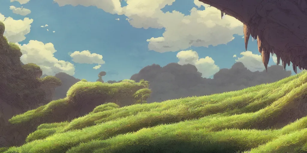 Image similar to landscape, no people, Ghibli, Anime Background, Miyazaki Hayao, concept art, illustration,smooth, sharp focus, intricate, super wide angle, trending on artstation, trending on deviantart, 4K