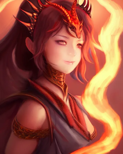 Image similar to character concept art of a woman with fire dragon horns and wings | | very anime, dragon scales, cute - fine - face, pretty face, realistic shaded perfect face, fine details by stanley artgerm lau, wlop, rossdraws, james jean, andrei riabovitchev, marc simonetti, and sakimichan, trending on artstation