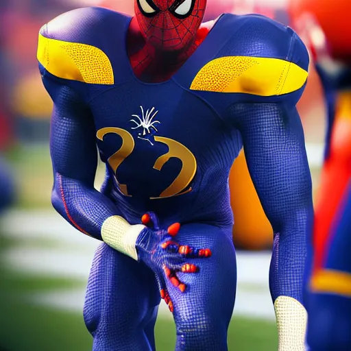 Image similar to a closeup photorealistic photograph of a spider man themed la rams football player. professional capture. bright scene. this 4 k hd image is trending on artstation, featured on behance, well - rendered, extra crisp, features intricate detail, epic composition and the style of unreal engine.