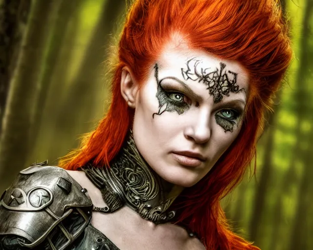 Image similar to 5 5 mm portrait photo of an armored gorgeous anesthetic redhead woman warrior with a face tattoo and wing growing from her head, in a magical forest in the style of stefan kostic, art by luis royo. highly detailed 8 k. intricate. lifelike. soft light. nikon d 8 5 0. cinematic post - processing