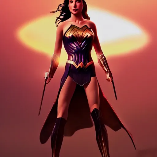 Image similar to gal gadot in amazon outfit, painted, volumetric lights, golden hour, trending on artstation, highly detailed