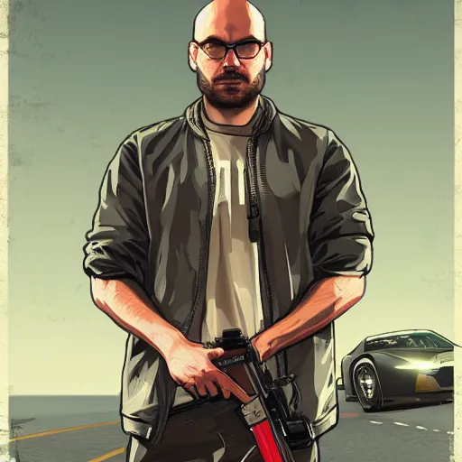 Prompt: Northernlion (Ryan Letourneau) in GTA 5 loading screen, intricate, highly detailed, digital painting, artstation, concept art, sharp focus, illustration, art by greg rutkowski and alphonse mucha