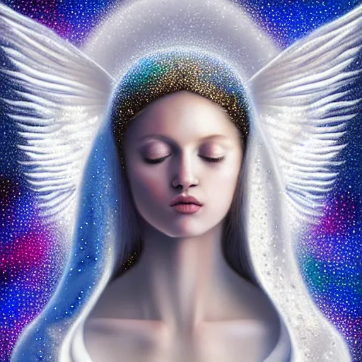 Image similar to highdetailed hyperrealistic painting of white holographic angel in the hood lightning hands with silver sparkles!!!, giant silver ball on the chest!!!!!, 4 k hd fur face!!!, big wings, by jan van eyck, holography space, white sparkles everywhere, thin strokes, white monochrome color!!!!!, hyperrealism textures, realistic