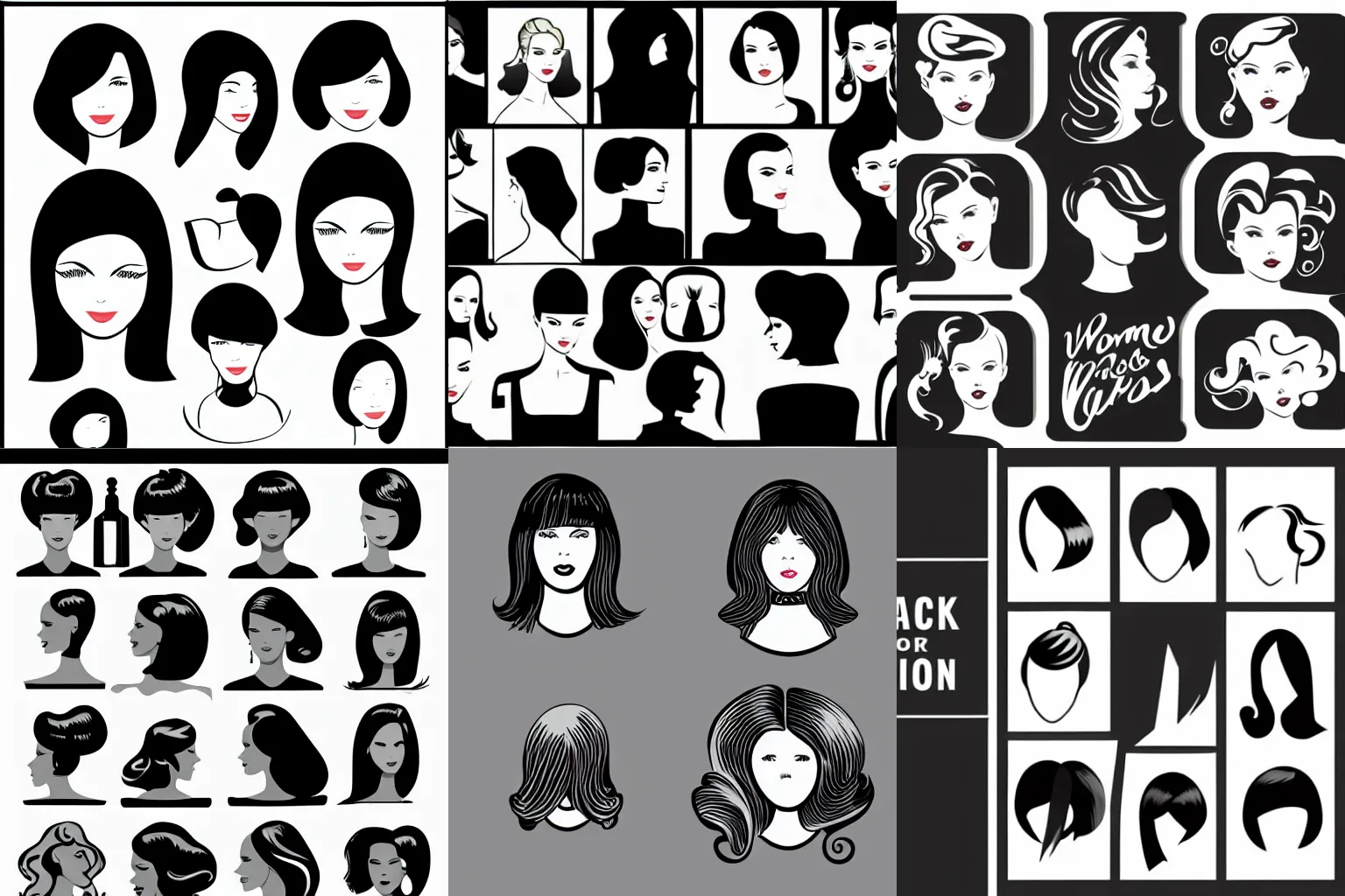 Prompt: woman haircuts black and white vintage icons digital vector asset pack