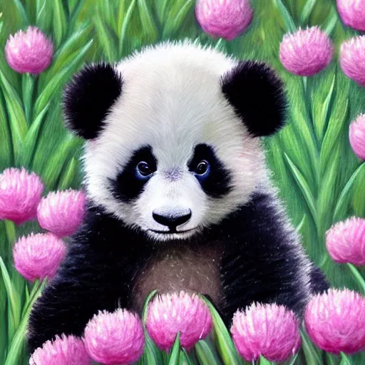 Image similar to cute fluffy baby panda cub sitting in spring meadow landscape with flowers detailed painting 4K