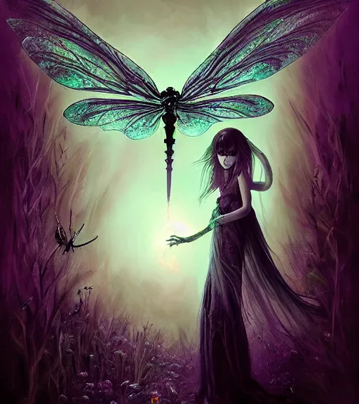 Image similar to gothic fairy with dragonfly wings, digital painting, liminal eerie midnight backlit, a picture taken by Michael Komarck