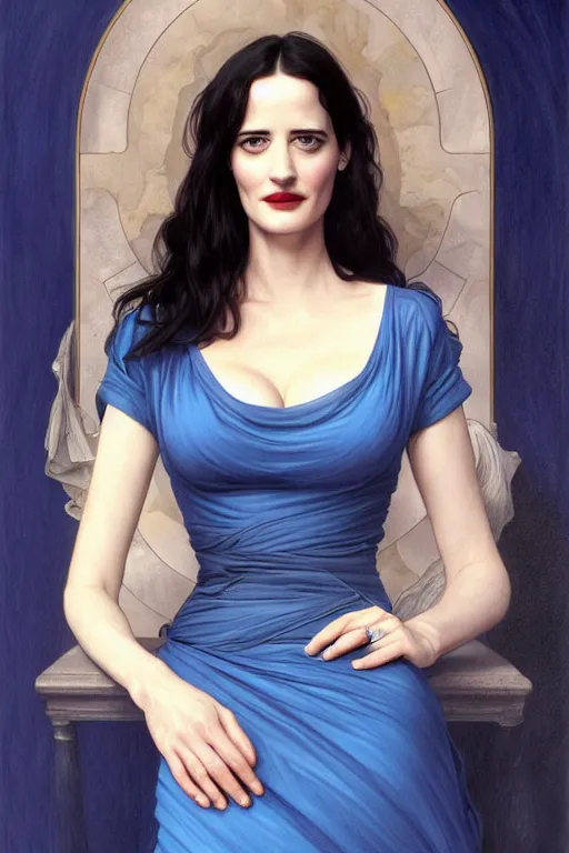 Prompt: eva green in a blue dress, realistic portrait, symmetrical, highly detailed, digital painting, artstation, concept art, smooth, sharp focus, illustration, cinematic lighting, art by artgerm and greg rutkowski and alphonse mucha