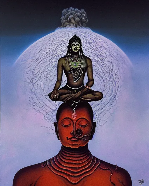 Image similar to One many-armed Shiva sits in the lotus position. Nuclear explosion on the background. Dark colors, extremely high detail, hyperrealism, horror art, masterpiece, close-up, biopunk, body-horror, ceremonial portrait, solo, rich deep colors, realistic, art by Yoshitaka Amano, Beksinski