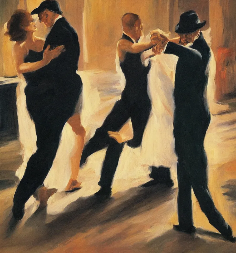 Image similar to A emotional painting of Romy Schneider and Patrick Stewart dancing Tango in a moody spanish club inspired by Edward Hopper and Gustave Courbet.