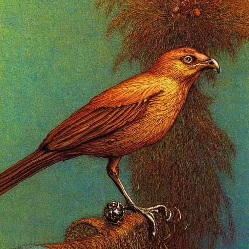 Prompt: a bird with hands, hyperrealism, no blur, 4 k resolution, ultra detailed, style of carlos schwabe