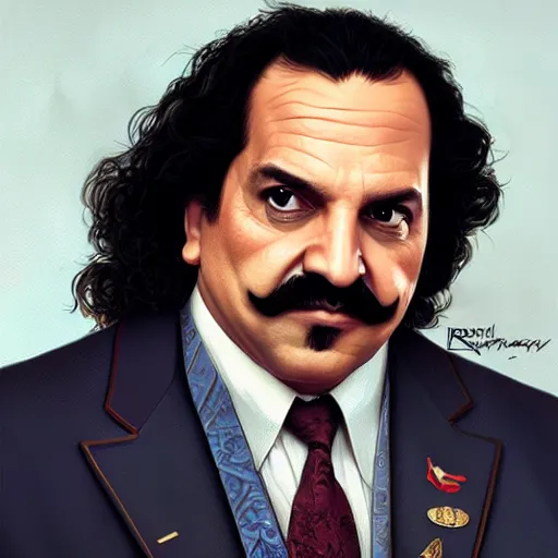 Image similar to handsome Ron Jeremy as President of United States of America as GTA character , western, fantasy, closeup, D&D, intricate, elegant, highly detailed, digital painting, artstation, concept art, matte, sharp focus, illustration, art by Artgerm and Greg Rutkowski and Alphonse Mucha