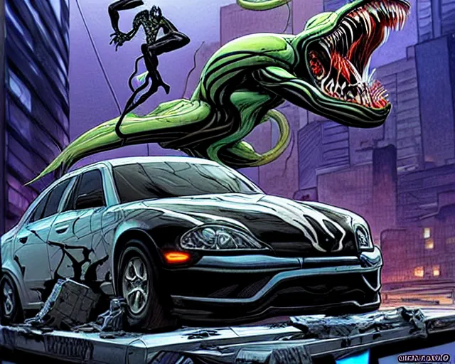 Prompt: A Venom standing on top of a wrecked car in the city, open arms art by Jason Chan and Gerardo Sandoval, Ultra detailed, hyper realistic,