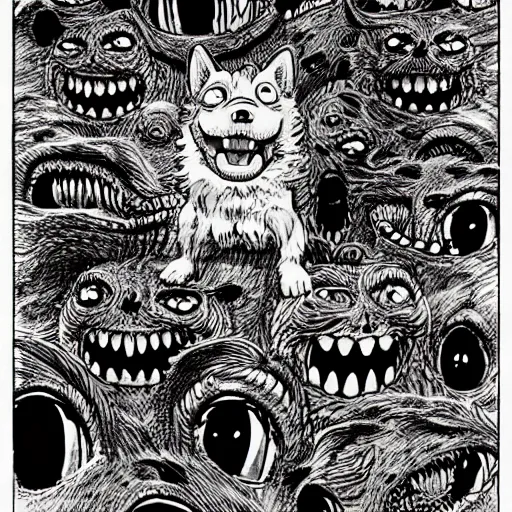 Image similar to a horrifying corgi demon with many eyes and many teeth, manga panel drawn by junji ito, kentaro miura, horror, dark fantasy, lovecraftian, intricate