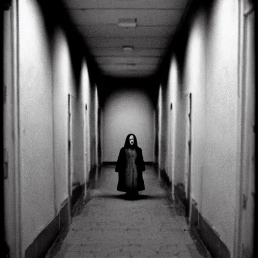 Image similar to a creepy long dark hallway with Samara Morgan standing at the end of it, liminal space, 35mm photograph, flash photography