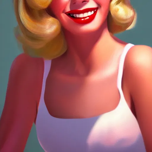 Image similar to a portrait of a beautiful blonde Sandy from Grease (1978), smiling, Edward Hopper style, clear eyes, illustration, soft lighting, soft details, painting oil on canvas, octane render, HDR, trending on artstation, 4k, 8k, HD