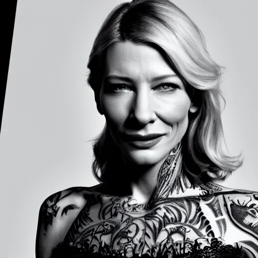 Image similar to high resolution image of cate blanchett with full body tattoo , highly detailed, photorealistic, 4k