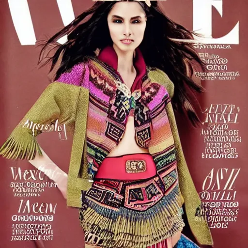 Image similar to a page of a high - end female fashion magazine, ancient aztec fashion, full body photo of a gorgeous aztec supermodel modeling the latest ancient aztec fashion, high resolution scan of aztec fashion catalog