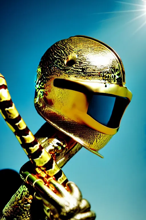 Prompt: a high definition film photograph of a snake playing a flute. happy. metal visor covering eyes. metallic shiny gold coloured helmet. crushed shadows.