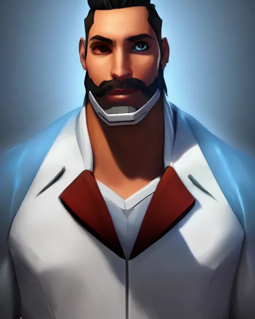 Prompt: overwatch concept art character portrait of a new character who is a young tan latino man with slicked back hair with soul patch beard and long crooked nose and gaunt cheeks, trending on artstation, cgsociety,