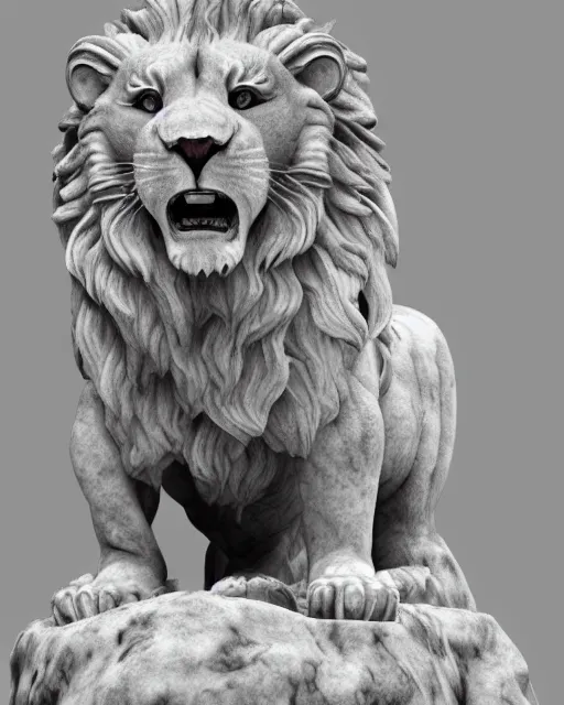 Image similar to a marble statue of a roaring lion, hyper realistic, 4 k, grainy marble, hyper detailed