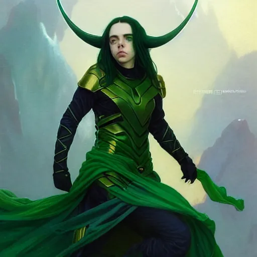 Image similar to Billie Eilish as Female Loki, very detailed, digital art, trending on artstation, concept art, smooth, illustration, art by artgerm and greg rutkowski and alphonse mucha and J. C. Leyendecker and Edmund Blair Leighton and Katsuhiro Otomo and Geof Darrow and Phil hale and Ashley wood