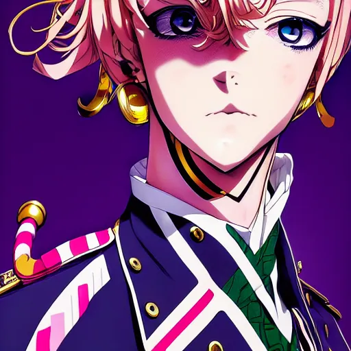 Image similar to Magazine Cover Anime key visual of a Gucci girl; official media; typography; drawn by Hirohiko Araki; Jojo's Bizarre Adventure; Jojolion, portrait, made by Stanley Artgerm Lau, WLOP, Rossdraws, James Jean, Andrei Riabovitchev, Marc Simonetti, Yoshitaka Amano, ArtStation