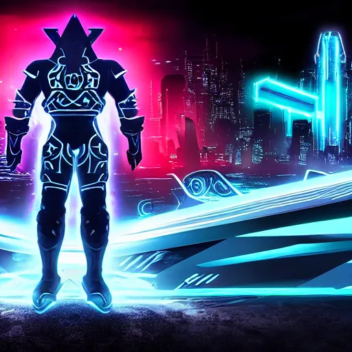 Image similar to Ganondorf in the style of Tron Legacy with glowing neon battle armor, wielding a lage neon fantasy greatsword, tron style city in the background, digital art